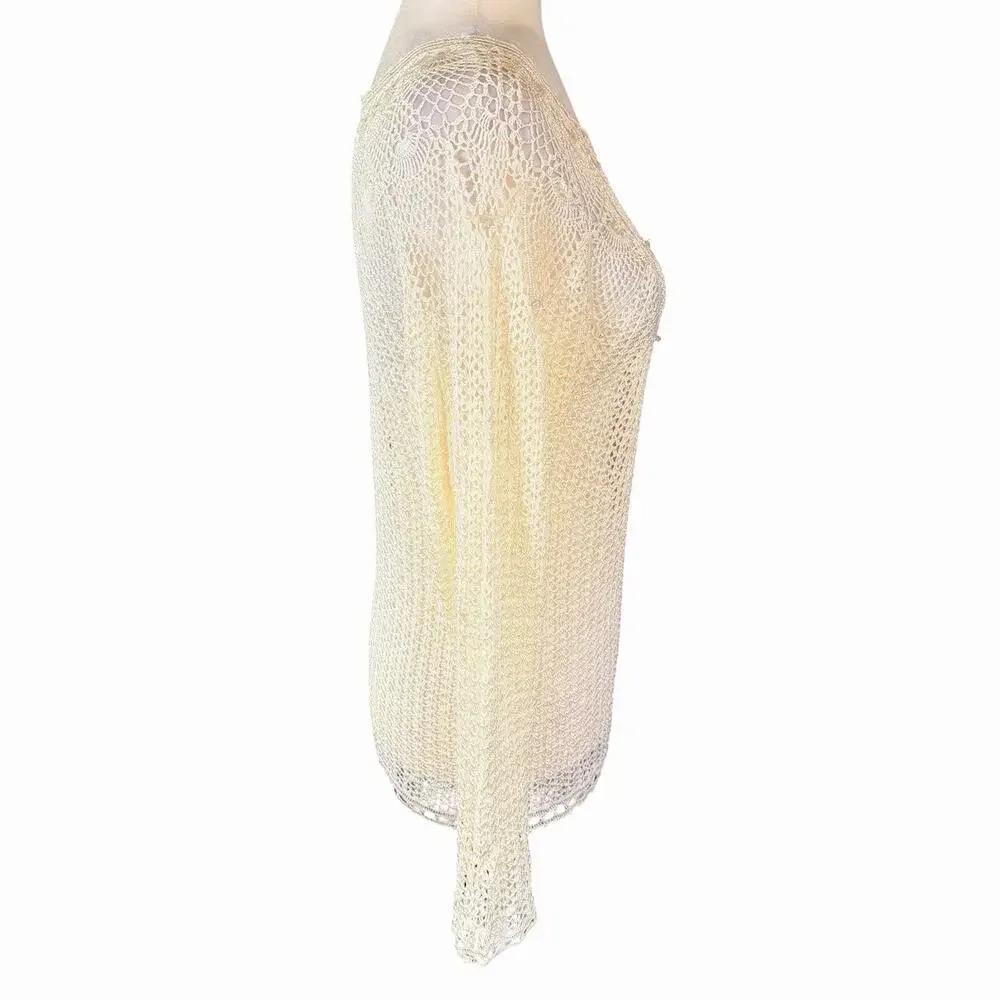 Vtg 70s Hand Crocheted Ivory Sweater Womens M Beaded Bohemian Boho Hippie